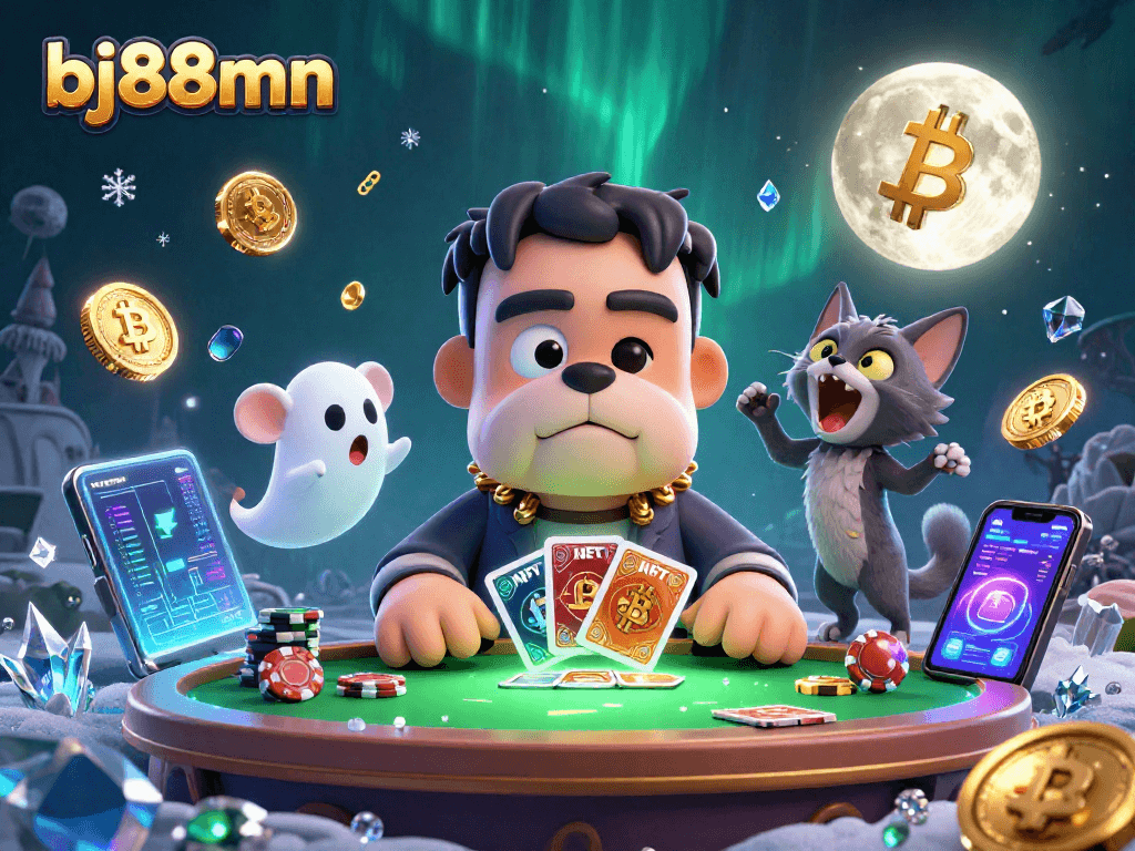 Experience thrilling bets with bj88mn in this vibrant casino scene featuring unique characters and crypto elements.