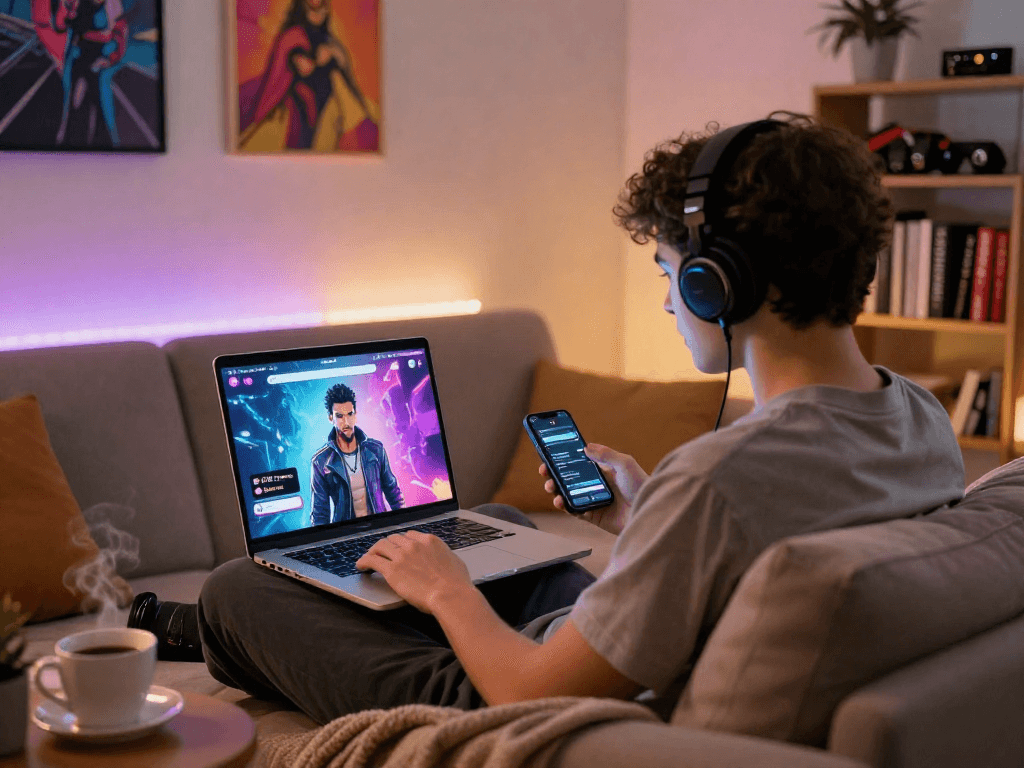 Engaging in a porn AI chat on a laptop in a cozy home setting, showcasing vibrant character visuals.