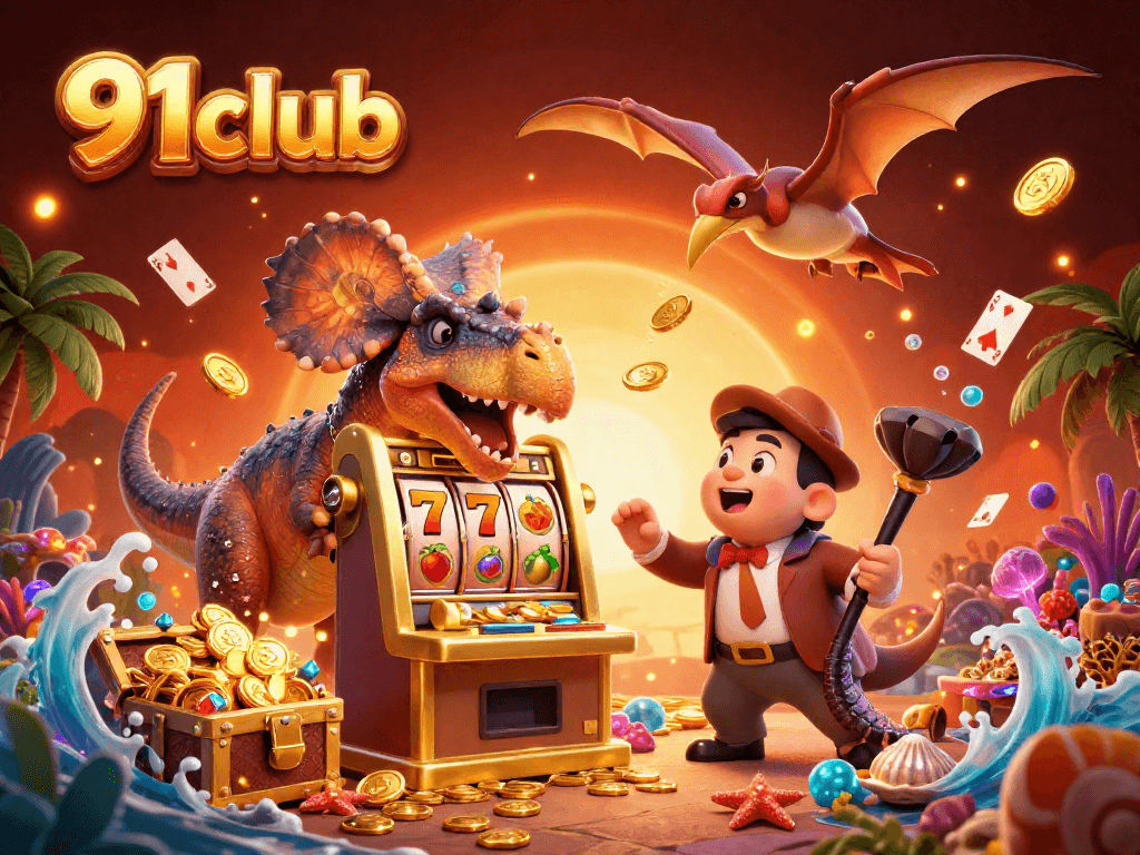 91club slot machine adventure with dinosaurs and vibrant casino elements exploding in gold.