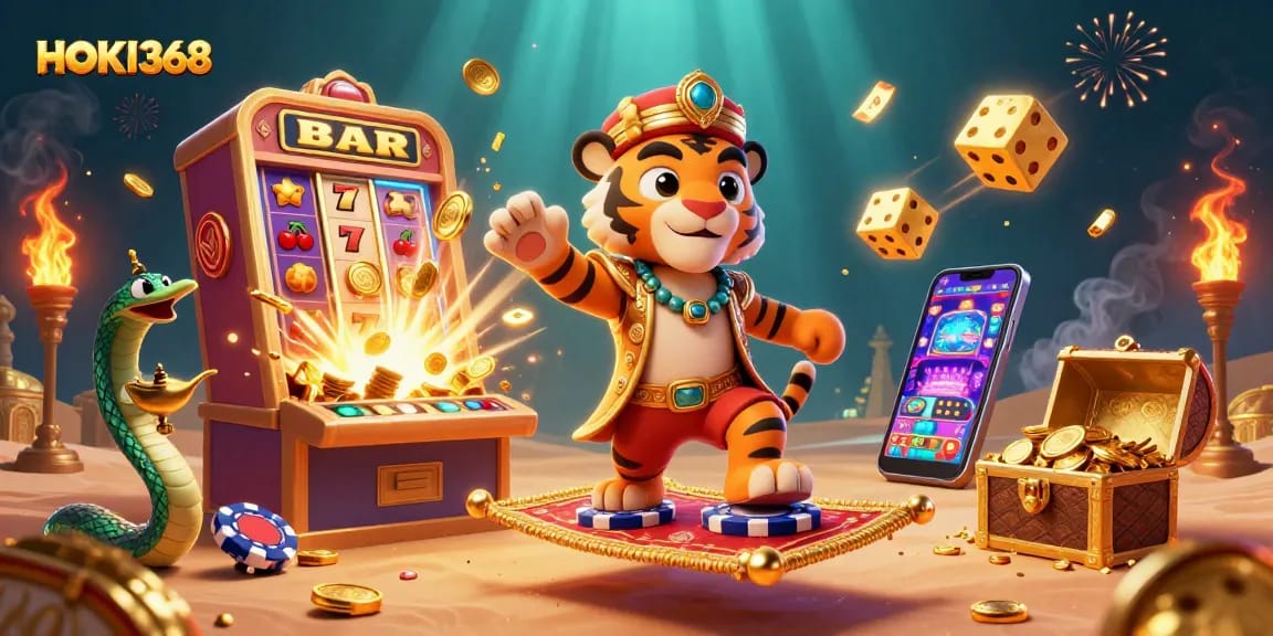 Experience casino thrills with HOKI368 in vibrant 3D scene featuring a jackpot explosion and winning symbols.