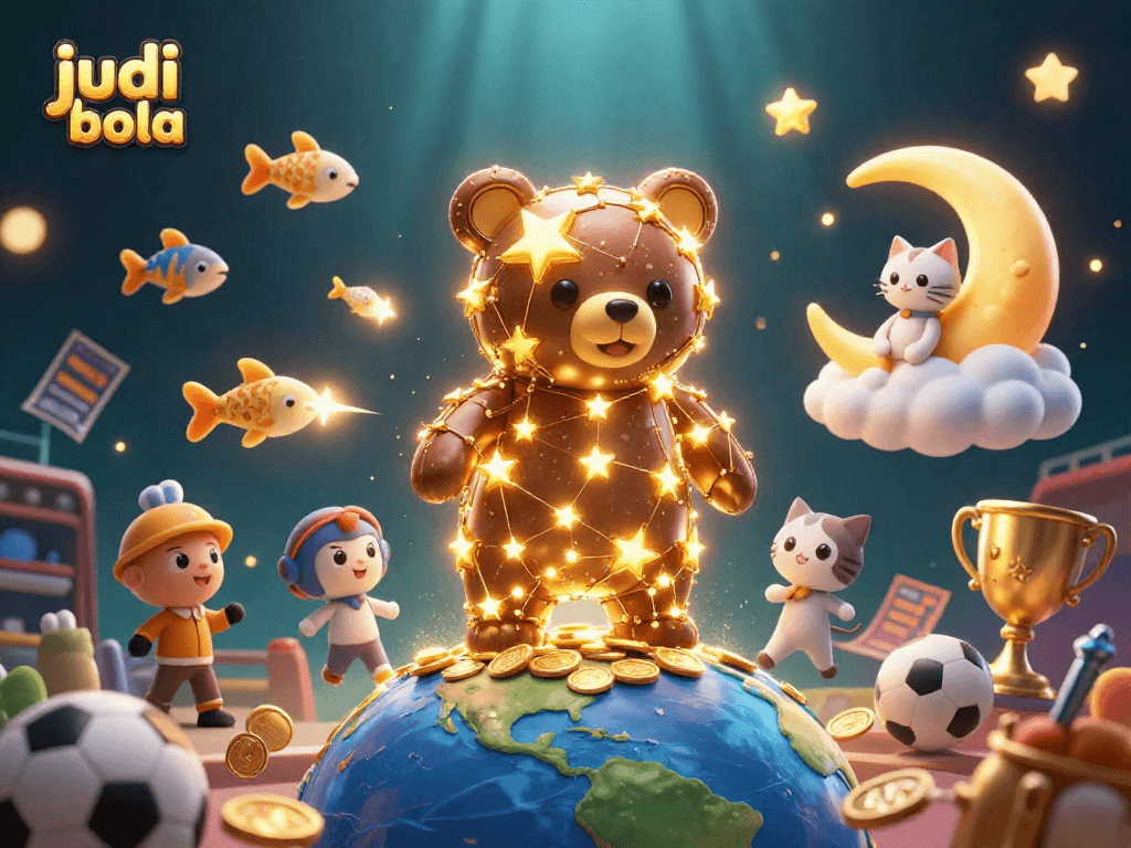 Engage with judi bola action as the constellation bear scoops coins, surrounded by sports-themed elements.