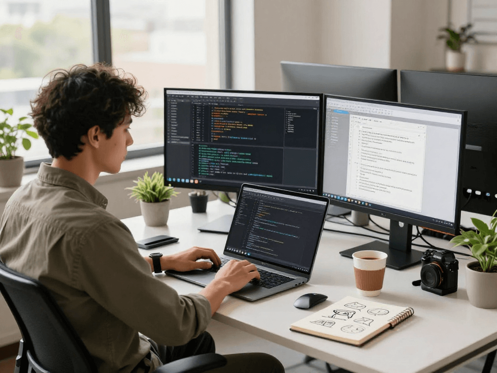 在现代技术办公室内,软件开发工程师专注于WPS Office下载的工作环境,展现出高效与创意。