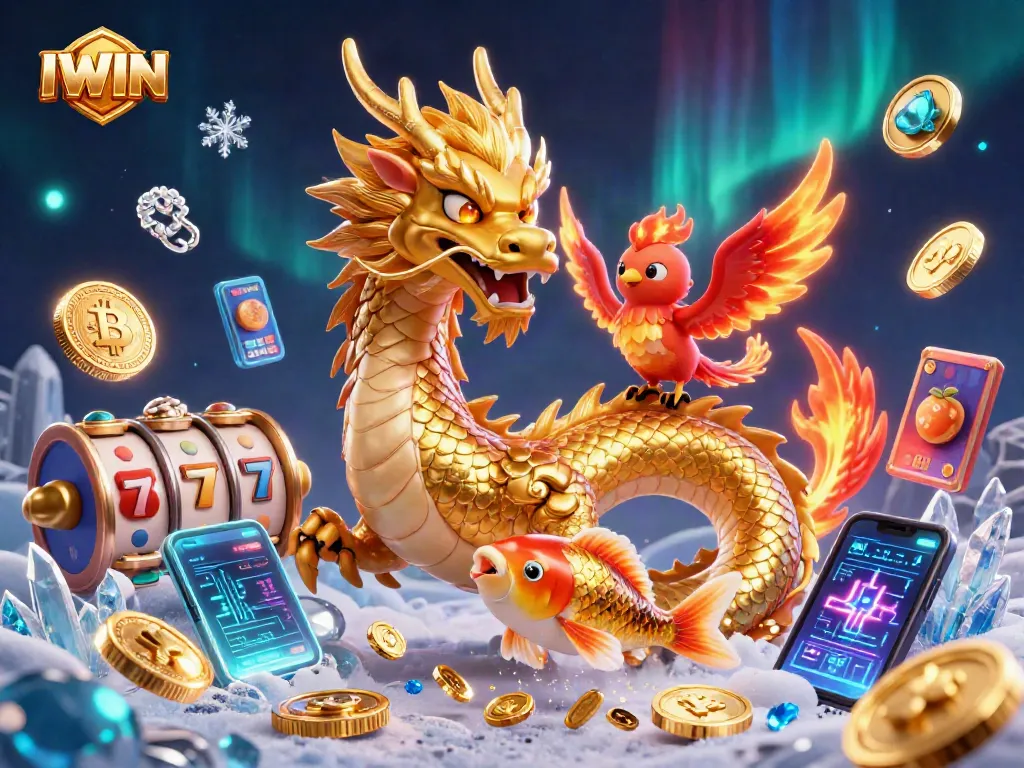 Engage with IWIN's vibrant 3D casino scene featuring a golden dragon, phoenix, and koi fish surrounded by slots and crypto elements.