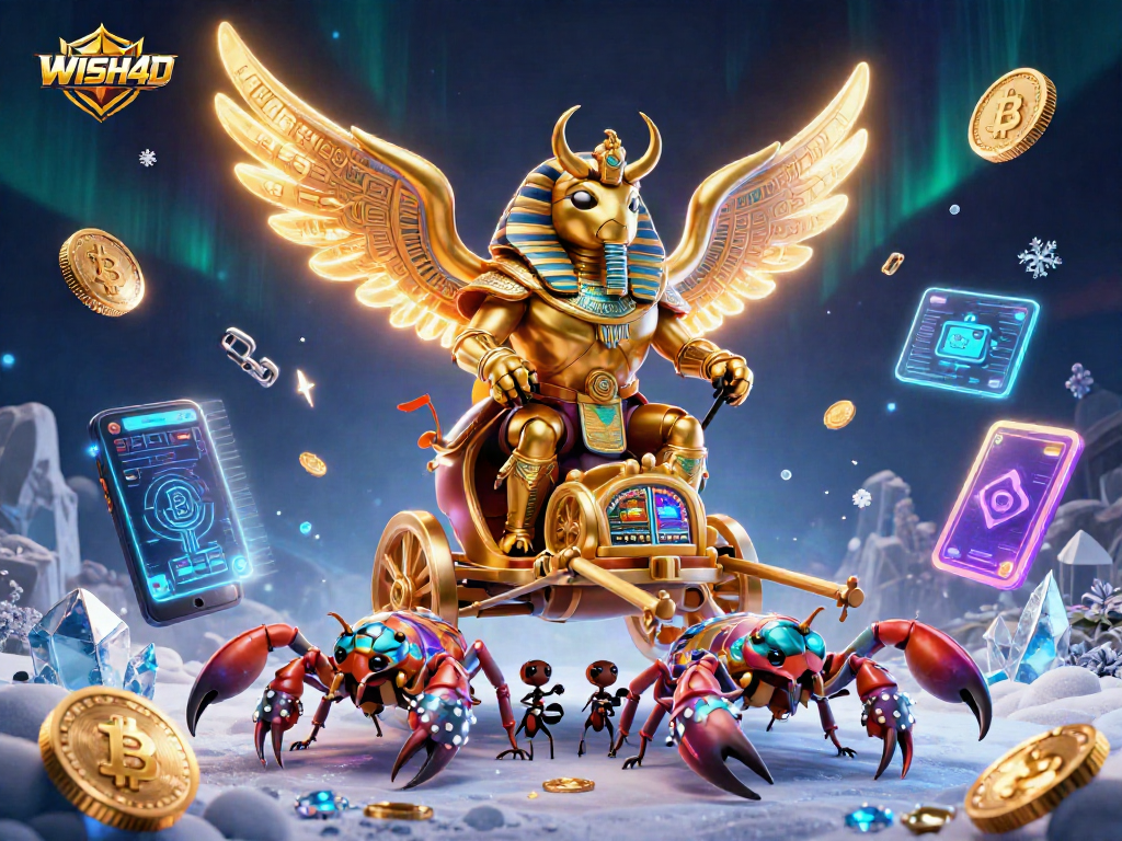 WISH4D illuminates the vibrant 3D casino scene featuring crypto coins and dynamic characters.
