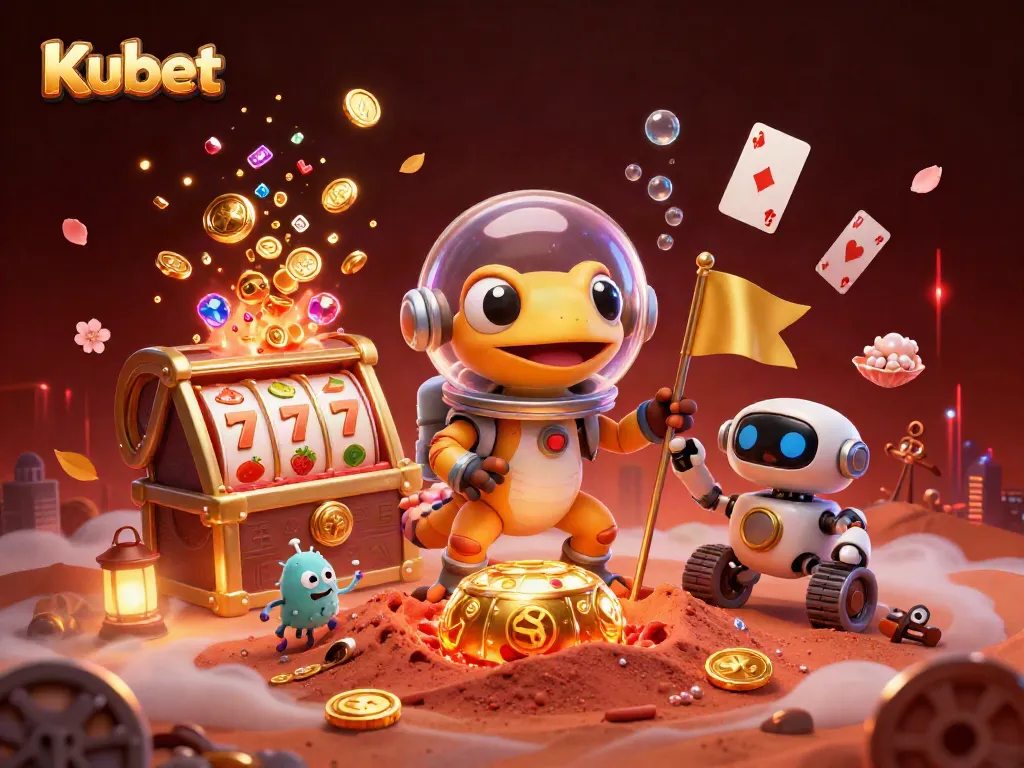 Kubet showcases an exciting 3D casino scene with a Martian gecko, slot machines, and gold treasures.