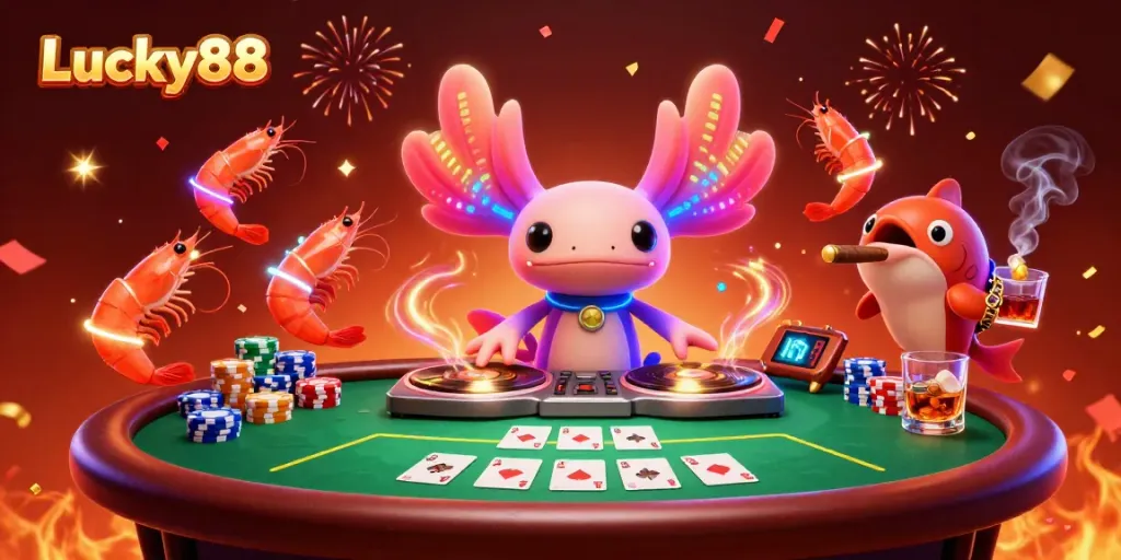 Experience the vibrant energy of Lucky88 with a neon axolotl DJ and dynamic casino atmosphere.