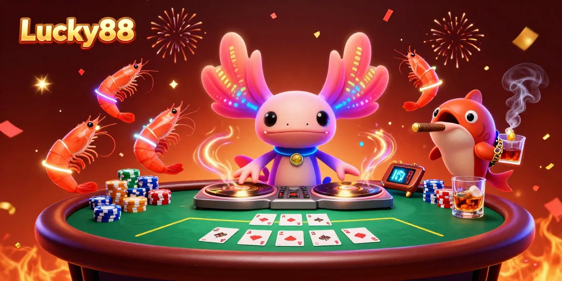 Experience the vibrant energy of Lucky88 with a neon axolotl DJ and dynamic casino atmosphere.