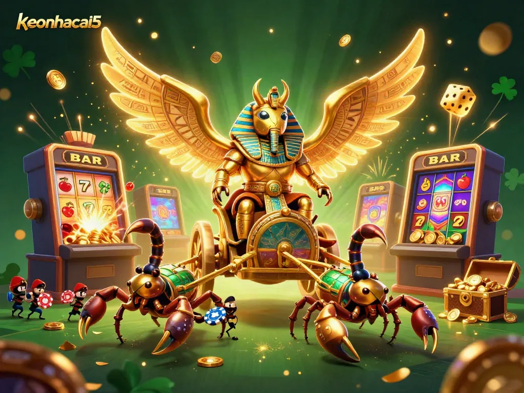 Experience keonhacai5 with a thrilling casino scene featuring a colossal scarab beetle amidst a jackpot explosion.