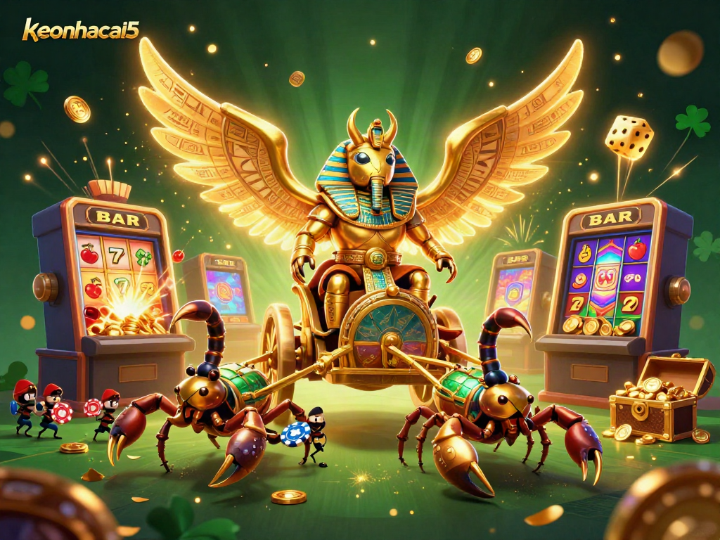 Experience keonhacai5 with a thrilling casino scene featuring a colossal scarab beetle amidst a jackpot explosion.