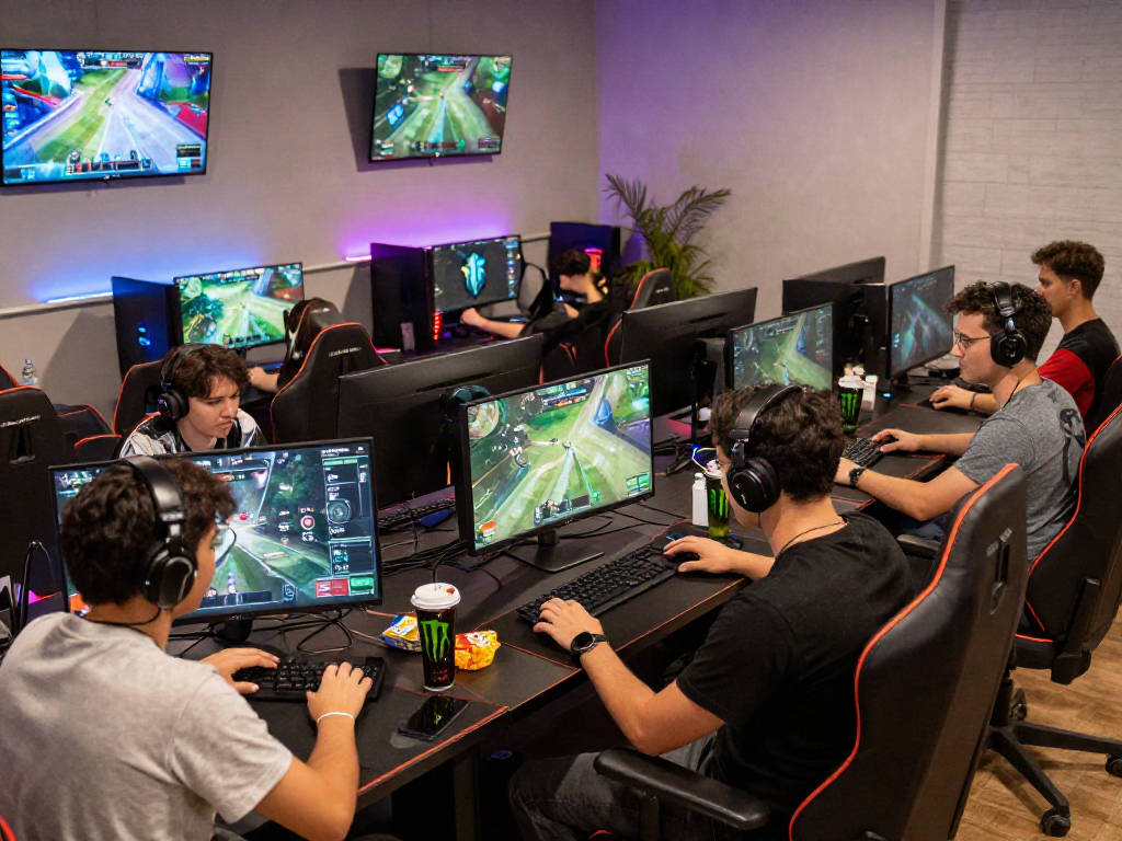 Exciting esports gaming scene at 먹튀스팟 lounge with players immersed in competition.