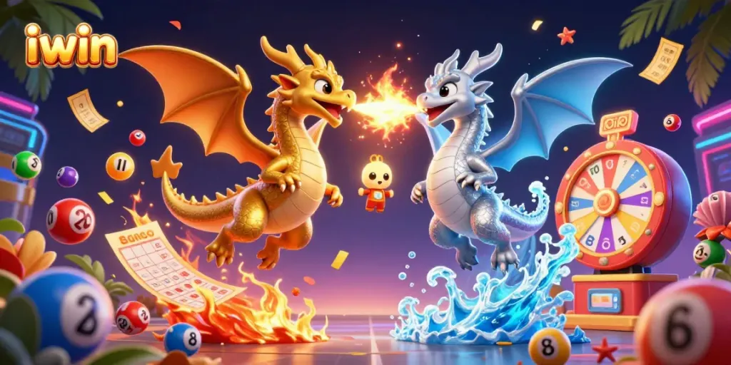 iwin promotional illustration with gold and silver dragons and dynamic lottery elements for casino enthusiasts.