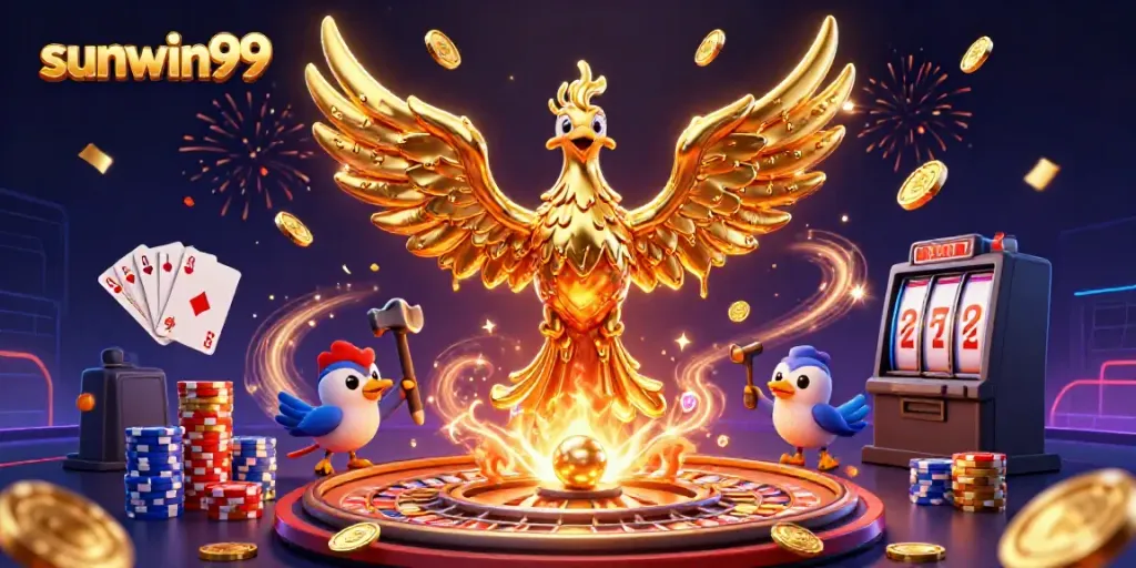 Experience excitement at sunwin99 with a golden phoenix and casino games illustration.
