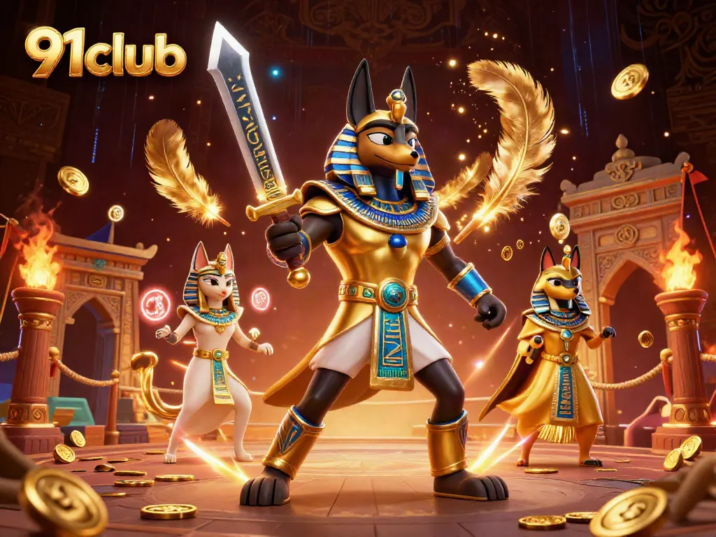 Engage in the thrilling world of 91club with dynamic 3D imagery showcasing Anubis and Bastet in a casino setting.