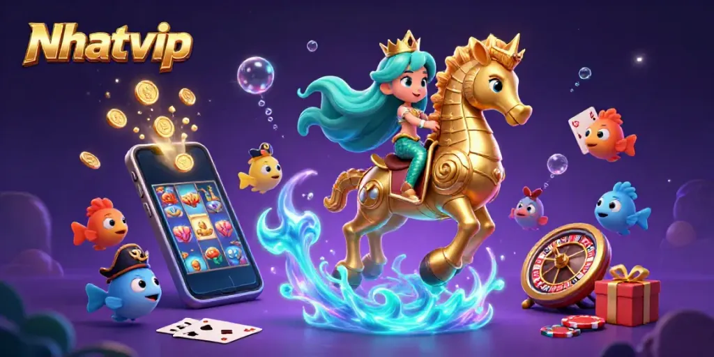 Nhatvip showcases thrilling underwater adventure with mermaid, seahorse, and vibrant gaming elements.