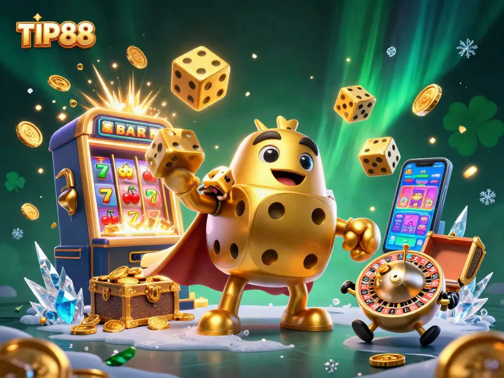 Experience thrilling casino adventures with TIP88 amidst a vibrant, dynamic 3D illustration of gaming elements.