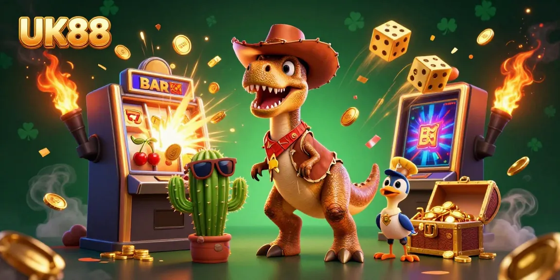 Experience the thrill of UK88 with a vibrant 3D gaming scene showcasing characters and a jackpot explosion.