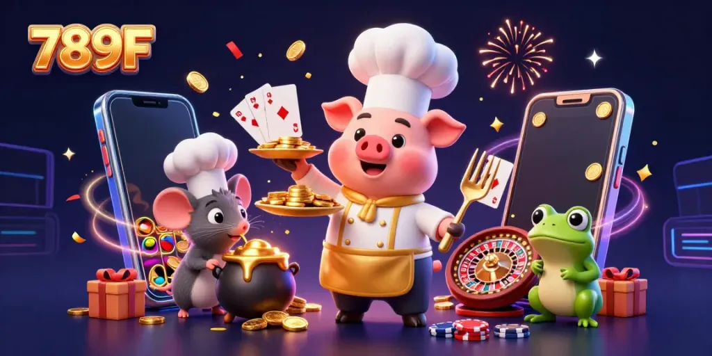 Experience the excitement of 789F with vibrant slot games, gold coins, and playful characters.