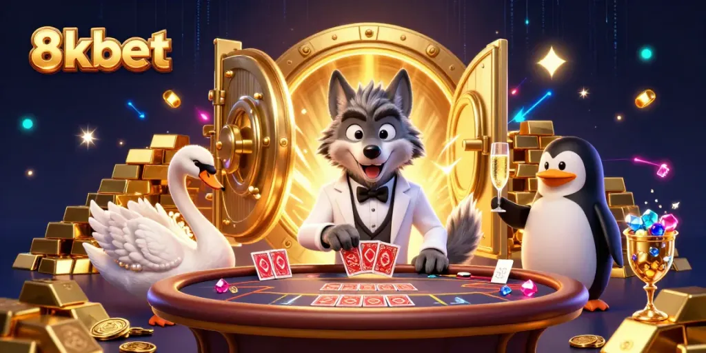 Join the excitement at 8xbet with vibrant casino action featuring animated characters, cards, and treasures.