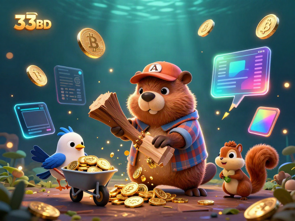 Experience thrilling wins at 33BD, featuring a vibrant 3D scene with charming characters and crypto elements.