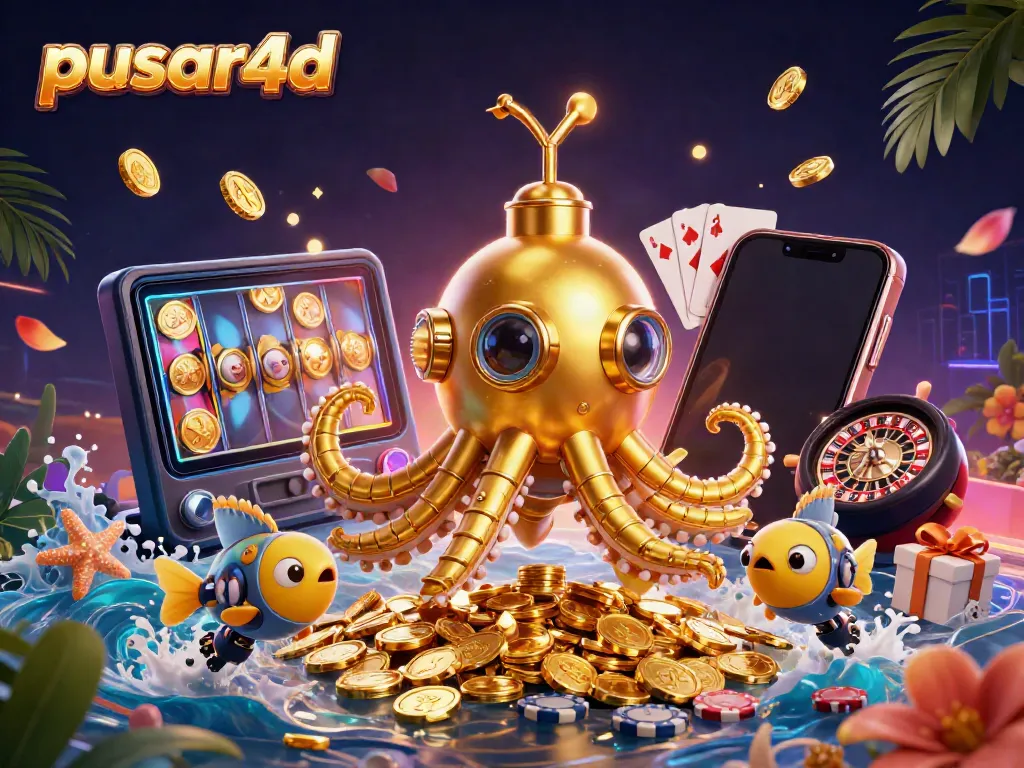 Engage in winning experiences with pusar4d's dynamic 3D gaming scene featuring golden kraken and slot games.