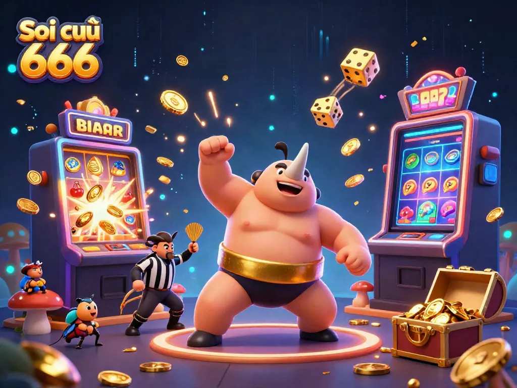 Soi cầu 666 showcases a dynamic scene with a beetle sumo champion, coins flying from a jackpot explosion, creating excitement in the casino world.