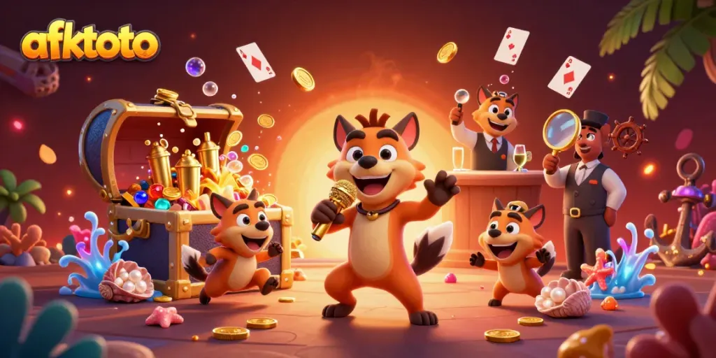 Engage in thrilling casino fun with afktoto's vibrant cartoon hyenas in a colorful casino setting.