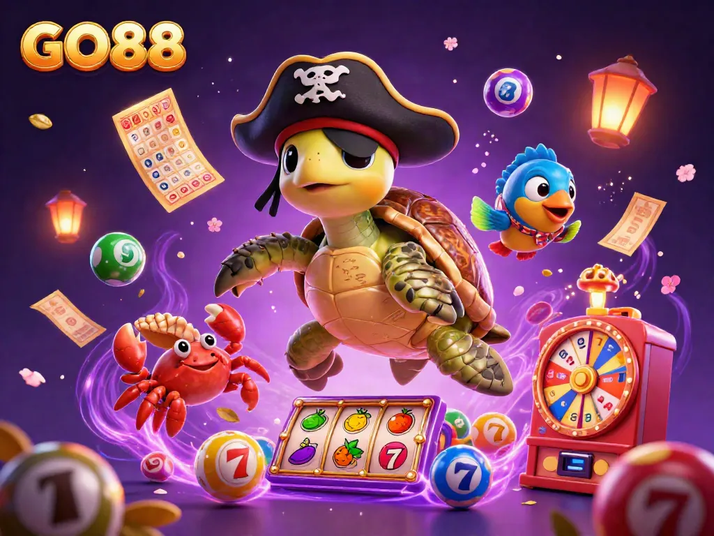 Engage with GO88's vibrant casino adventure featuring a pirate turtle and treasure in a dynamic gambling scene.