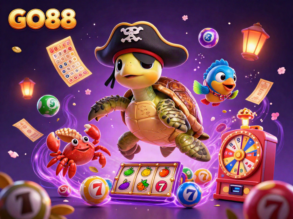 Engage with GO88's vibrant casino adventure featuring a pirate turtle and treasure in a dynamic gambling scene.