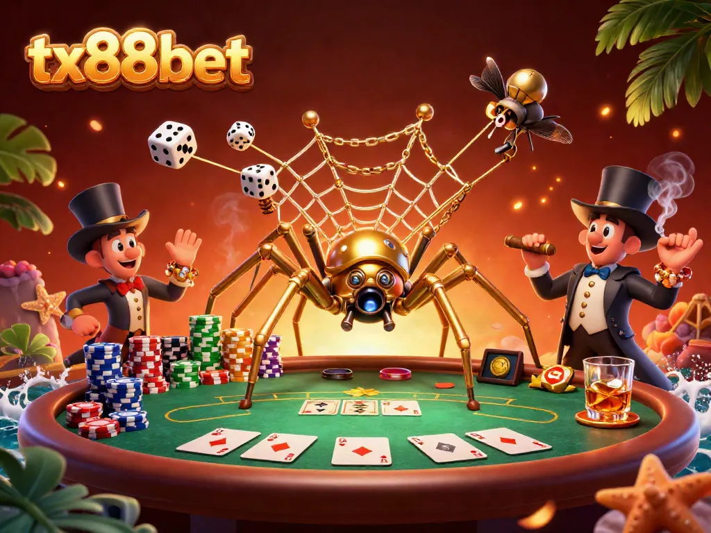 Experience the thrill of tx88bet with a vibrant casino scene featuring a steampunk spider and poker elements.