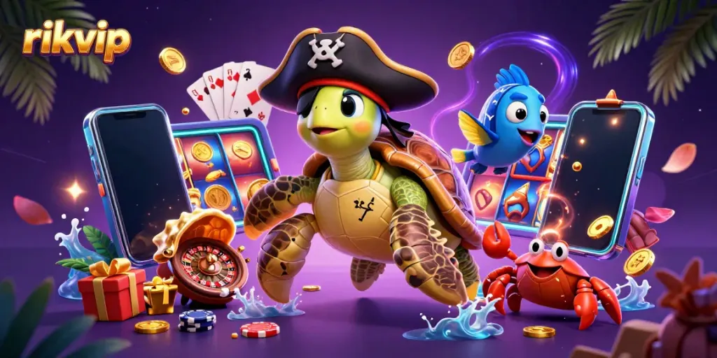 Enjoy thrilling slots and games with rikvip in a vibrant, colorful casino scene.