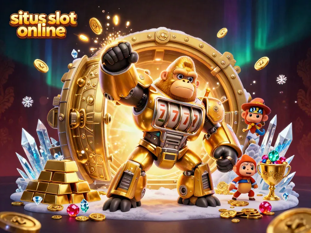 Explode into action on a situs slot online with innovative 3D visuals featuring a golden mech and treasures.