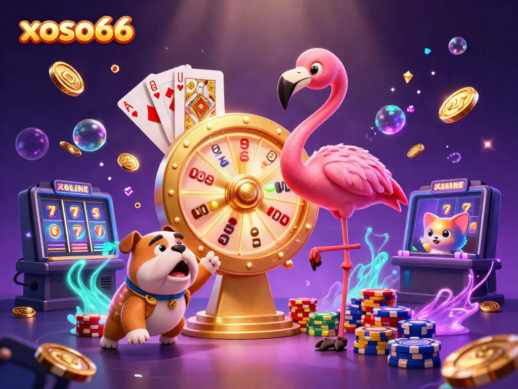 Xoso66 showcases a thrilling casino scene featuring an animated flamingo, bulldog contestant, and cat assistant.