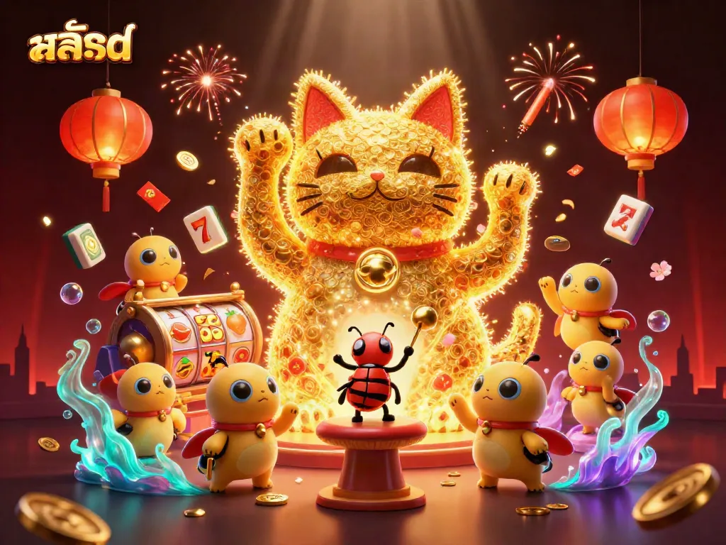 Engaging illustration of สล็อต symbols and a lucky cat, showcasing vibrant casino elements.