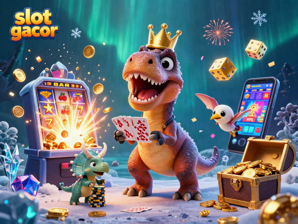 Engaging slot gacor illustration featuring a T-Rex and friends amidst casino elements