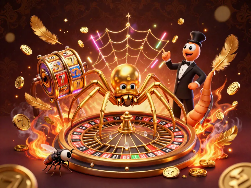 Engage in thrilling bets with lc88 in a vibrant 3D casino scene featuring a spider spinning a roulette web.
