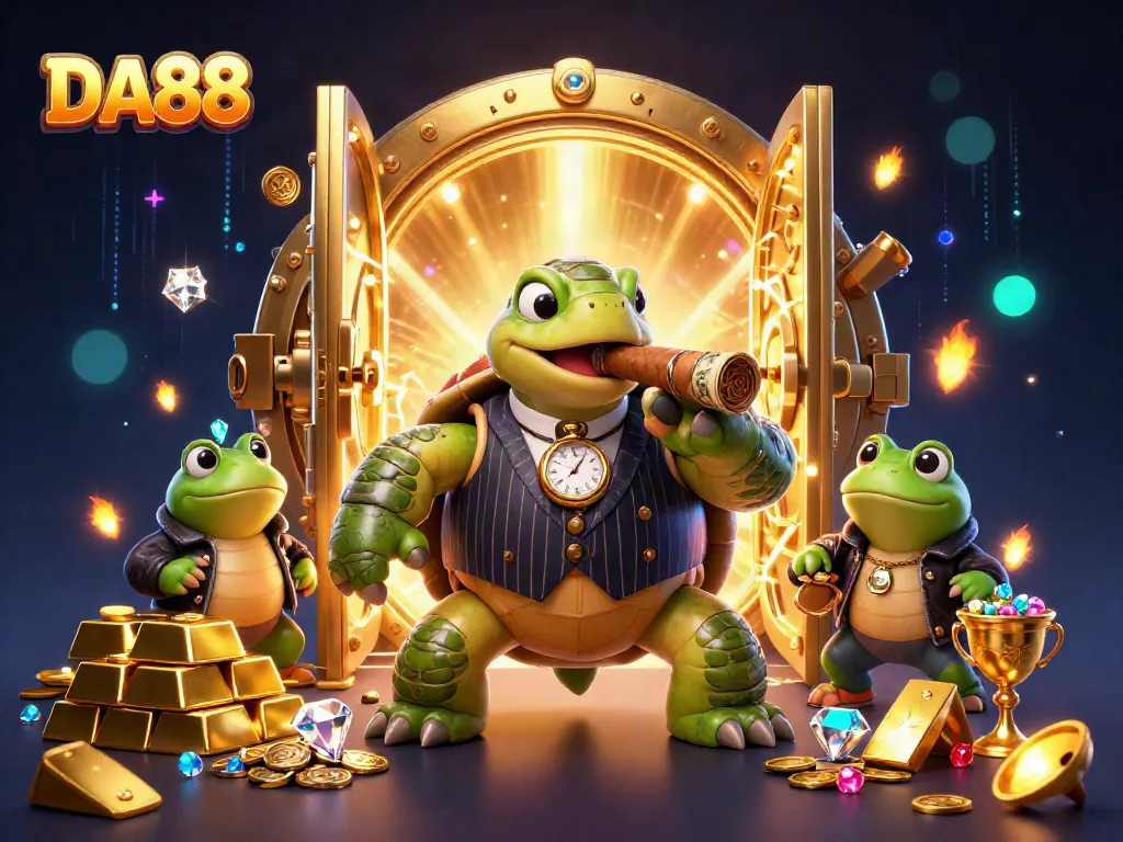 DA88 showcases an exciting casino scene featuring a mobster turtle and bullfrog enforcers with treasure and gems.
