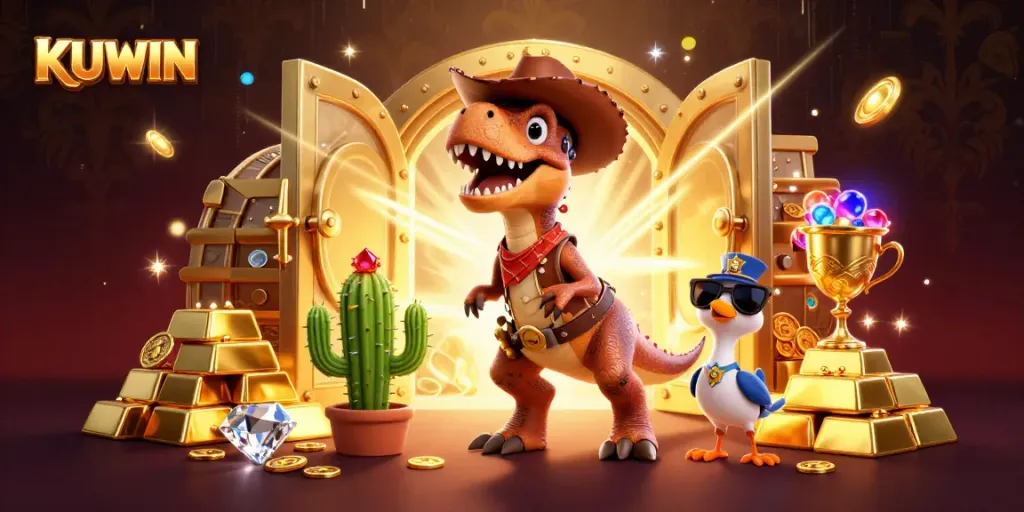 Engage with the vibrant KUWIN casino world featuring a cowboy dinosaur amidst treasure and gems.
