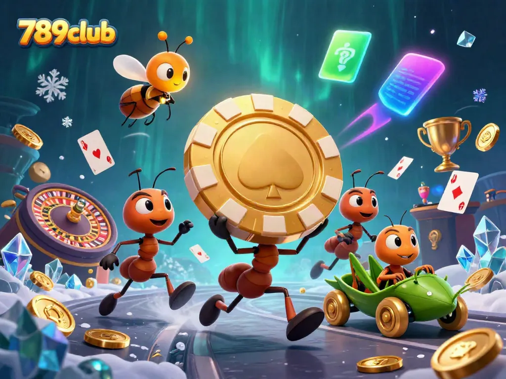 Experience the excitement of 789club with this thrilling heist-themed illustration featuring ants, casino elements, and vibrant visuals.