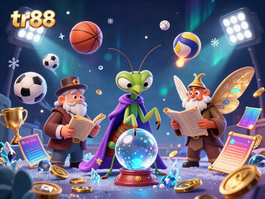 Engage with thrilling tr88 gaming action featuring a mystical scene with fortune tellers and energetic sports elements.