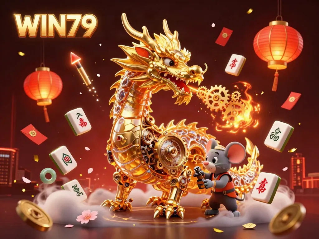 WIN79 logo adorns a captivating illustration of a biomechanical golden dragon amidst festive elements, showcasing casino excitement.