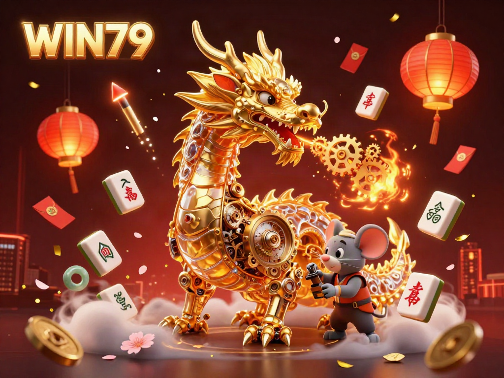 WIN79 logo adorns a captivating illustration of a biomechanical golden dragon amidst festive elements, showcasing casino excitement.