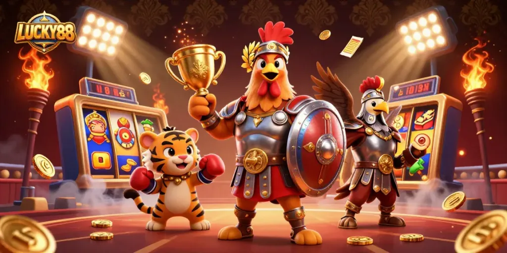 Experience the thrill of LUCKY88 with dynamic slot reels and spirited characters in action.