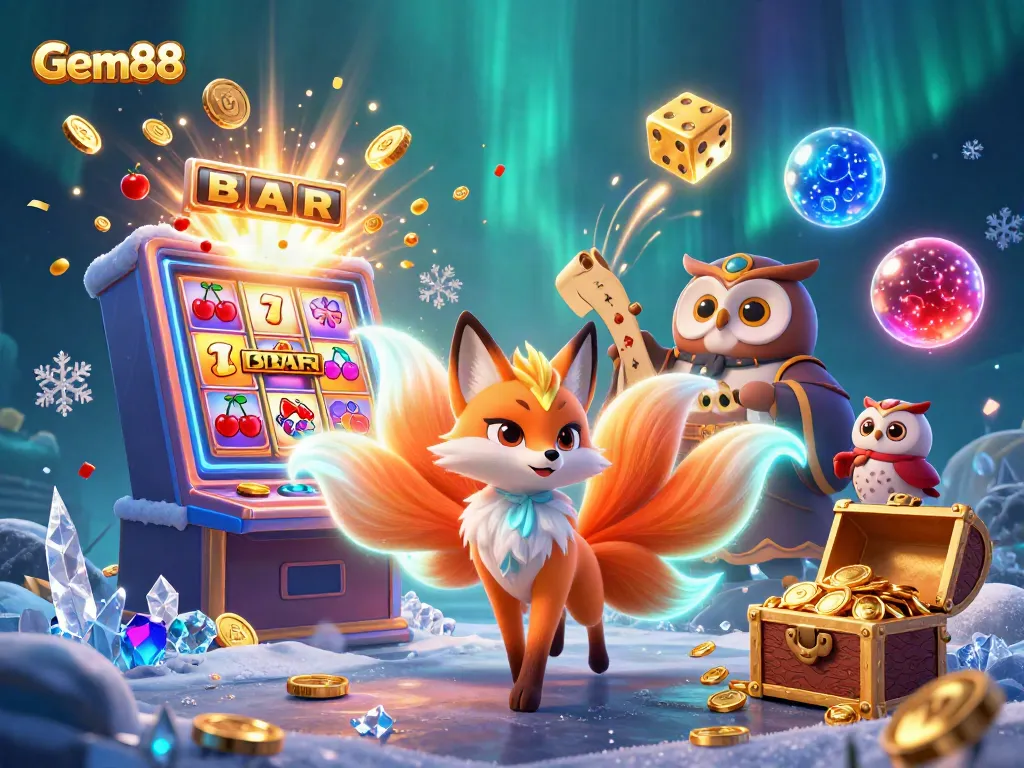 Engage in vibrant gaming with Gem88 featuring a colorful nine-tailed fox and exciting slot machine elements.