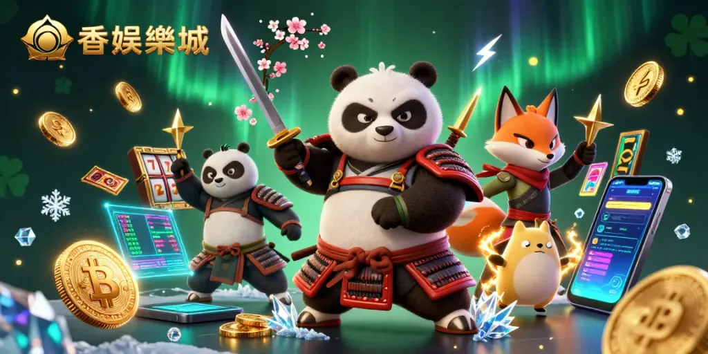 Engage with 香港娛樂城 as a vibrant casino scene containing samurai panda, ninja fox, and magical elements.