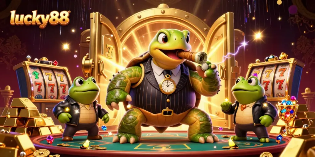 Experience thrilling wins at lucky88 with vibrant visuals of a cartoon turtle and bullfrog enforcers in a casino.