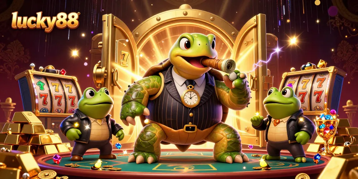 Experience thrilling wins at lucky88 with vibrant visuals of a cartoon turtle and bullfrog enforcers in a casino.