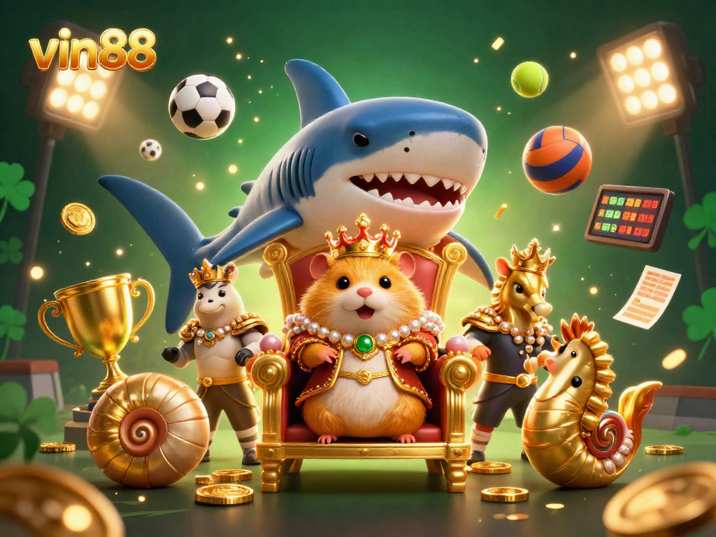 Experience the thrilling excitement of vin88 with a vibrant 3D casino illustration featuring the golden hamster king and dynamic gaming elements.