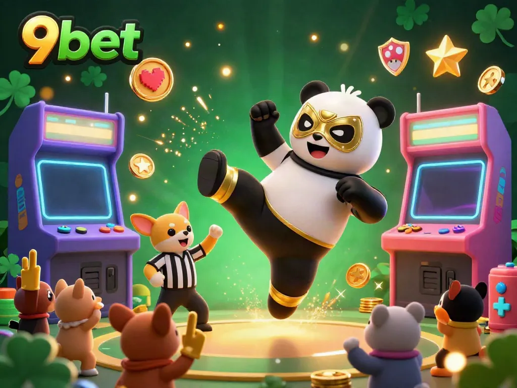 Experience the thrill of 9bet with a lively panda wrestler and chihuahua referee in a 3D casino scene.