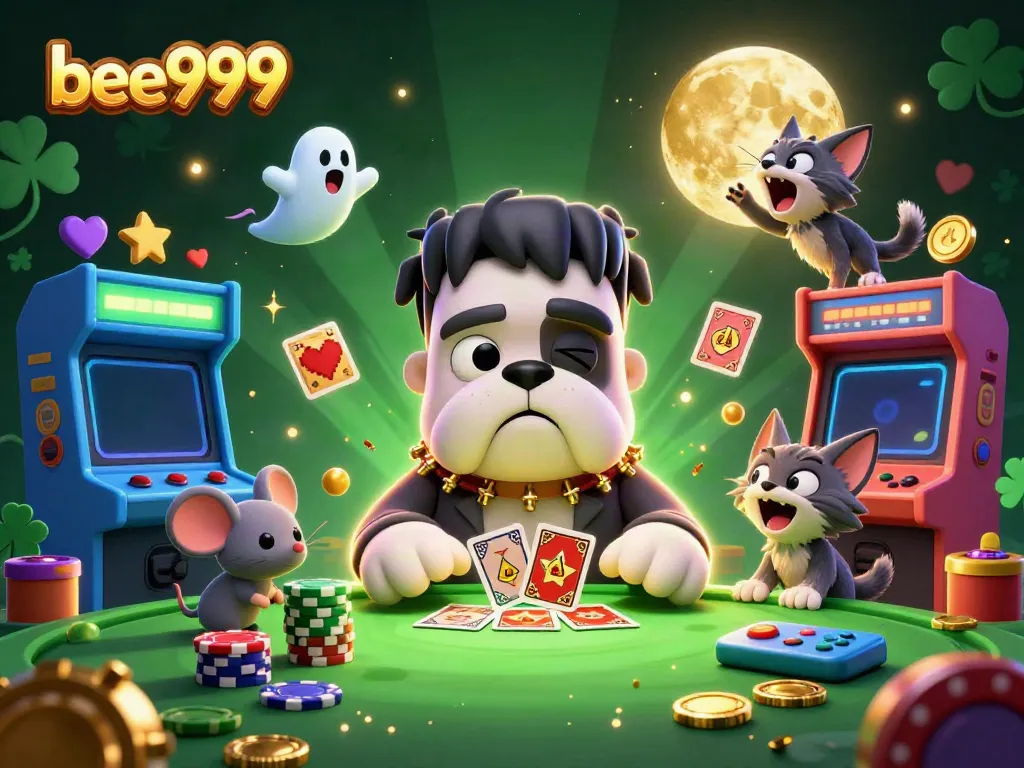 Engage in the thrilling world of bee999 with a cartoon Frankenstein bulldog dealing cards at a spooky casino