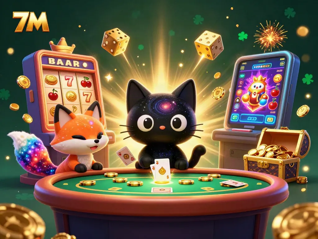 7M interactive world of gambling showcased with a cosmic cat and fox at a casino table.